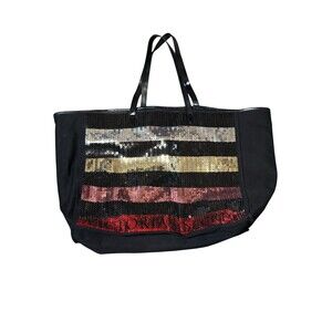 Victoria Secret Sequin Stripe Tote Bag Large Weekender Travel Shopper Pink